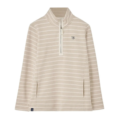 Beige and white striped Lighthouse Ladies Shore II Jersey quarter-zip top with side slits