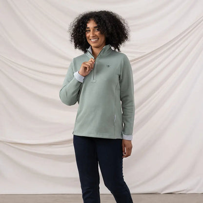 Lighthouse Ladies Shore II Jersey quarter-zip pullover with striped cuffs in muted green