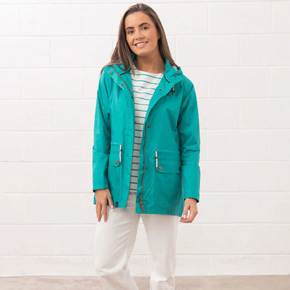 Teal hooded raincoat from the Lighthouse Ladies Willow Coat collection