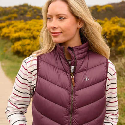 Lighthouse Laurel ladies plum quilted vest over striped shirt, perfect Laurel Ladies Gilet