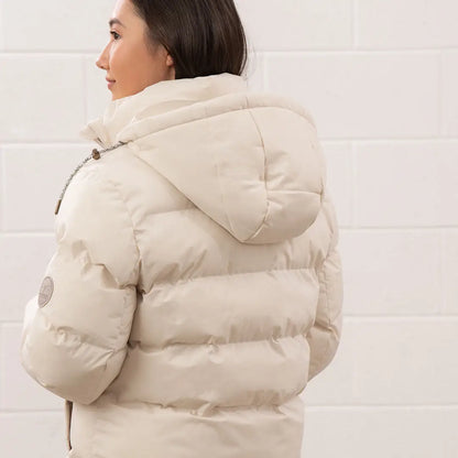 Woman wearing Lighthouse Margot Ladies Coat with beige puffer jacket and hood