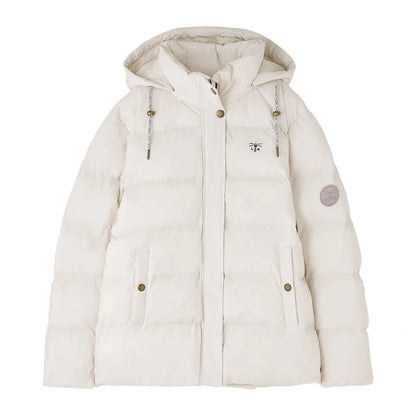 Lighthouse Margot Ladies coat with hood, off-white puffer style, gold buttons, chains