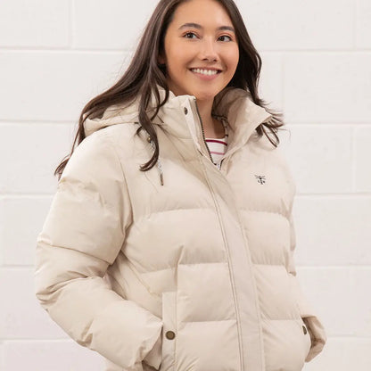 Smiling woman in beige Lighthouse Margot Ladies Coat with hood, stylish Margot Ladies coat