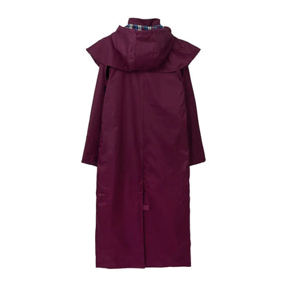 Burgundy long coat with wide collar and full sleeves from Lighthouse Outback length ladies waterproof