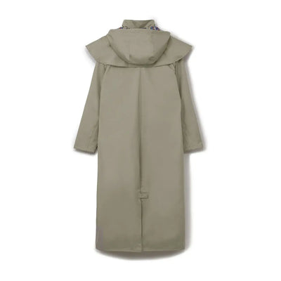 Long beige Lighthouse Outback ladies waterproof raincoat with hood and wide collar