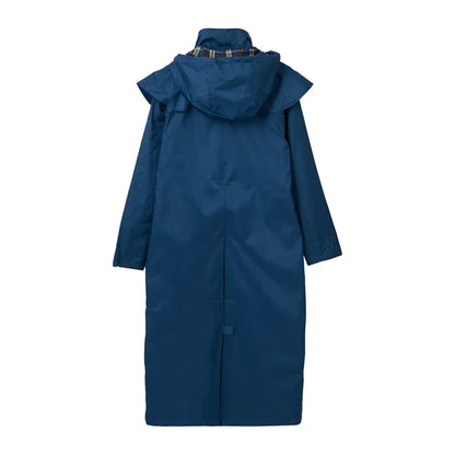 Long blue Lighthouse Outback Full Length Ladies Waterproof Raincoat with hood and plaid collar