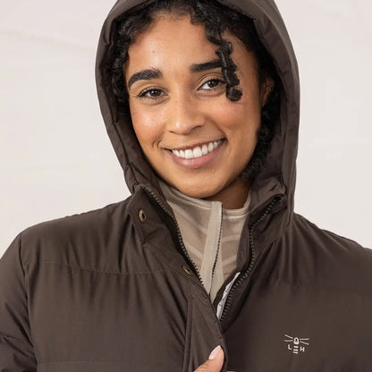 Smiling woman in dark brown Lighthouse Savannah Coat with hood, stylish Savannah coat