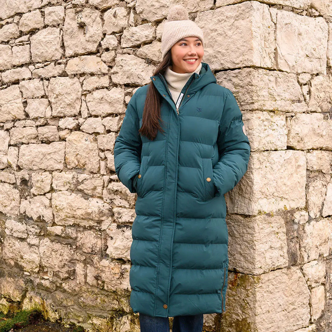 Full-length teal Lighthouse Savannah Coat with hood and pockets for stylish warmth
