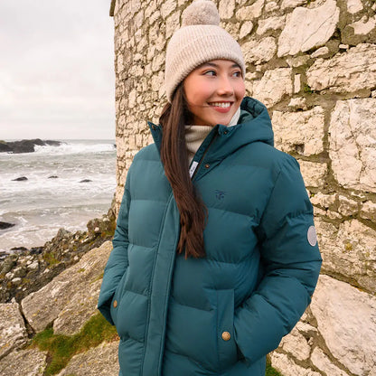 Teal longline puffer jacket with hood, Lighthouse Savannah Coat for cozy style
