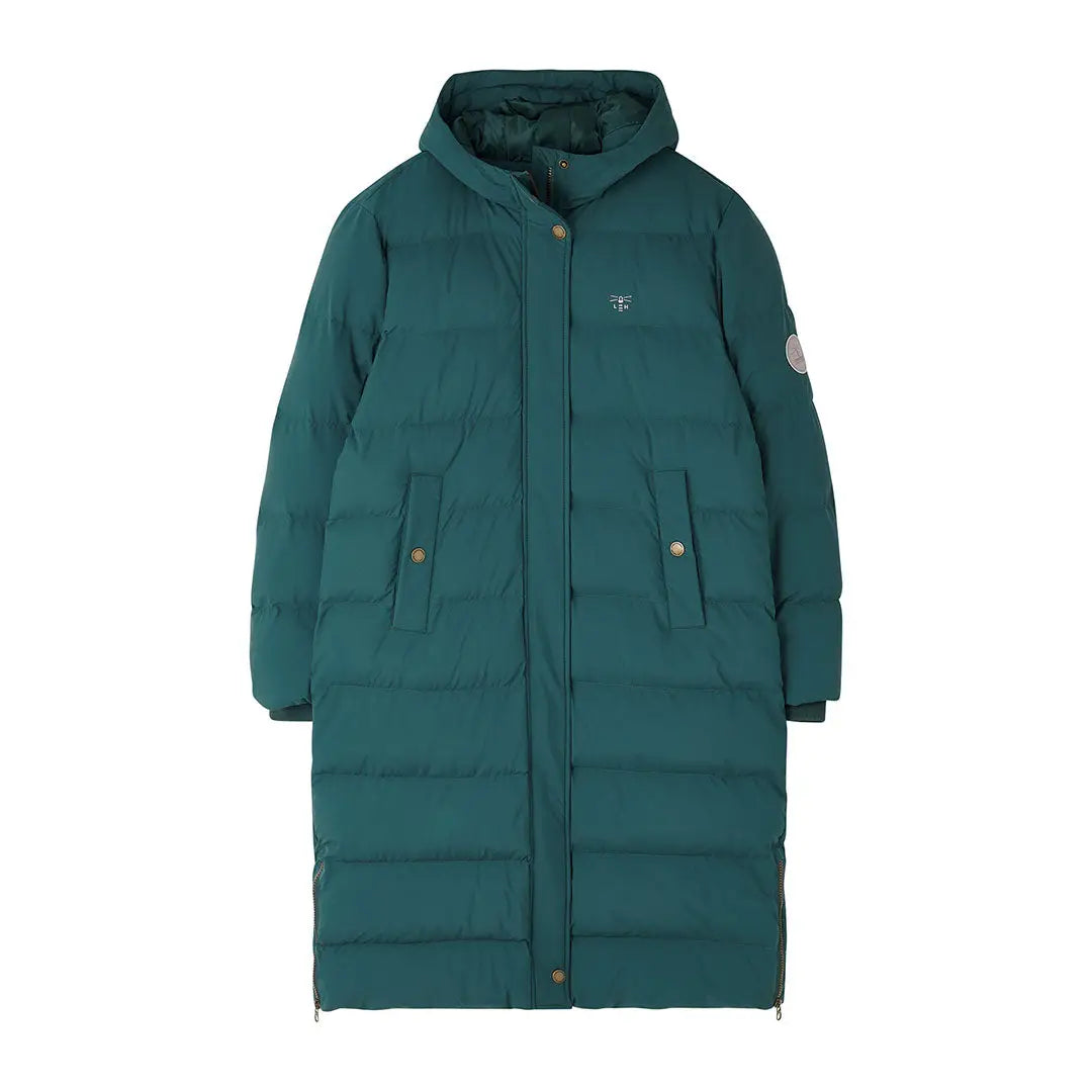 Hooded longline puffer coat in dark teal with gold snaps, part of Lighthouse Savannah collection
