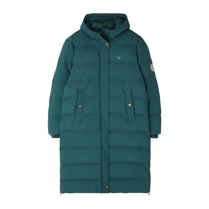 Hooded longline puffer coat in dark teal with gold snaps, part of Lighthouse Savannah collection