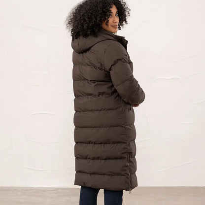 Lighthouse Savannah Coat in dark brown puffer with hood and zippered side slits