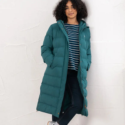 Long teal hooded puffer coat from Lighthouse Savannah Coat collection
