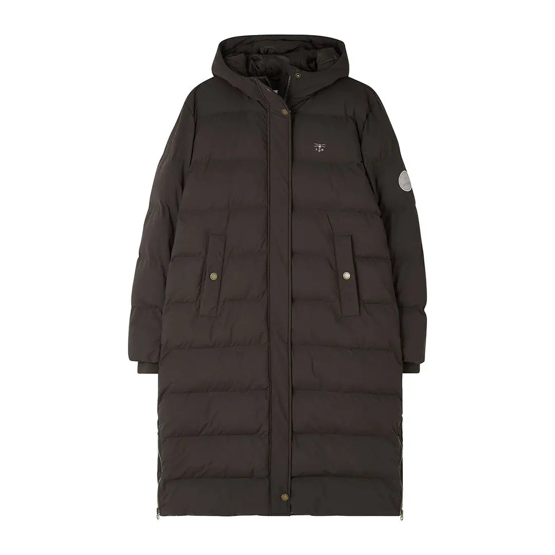 Long dark brown Lighthouse Savannah Coat with hood and silver snap buttons
