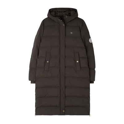 Long dark brown Lighthouse Savannah Coat with hood and silver snap buttons