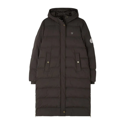 Long dark brown Lighthouse Savannah Coat with hood and silver snap buttons