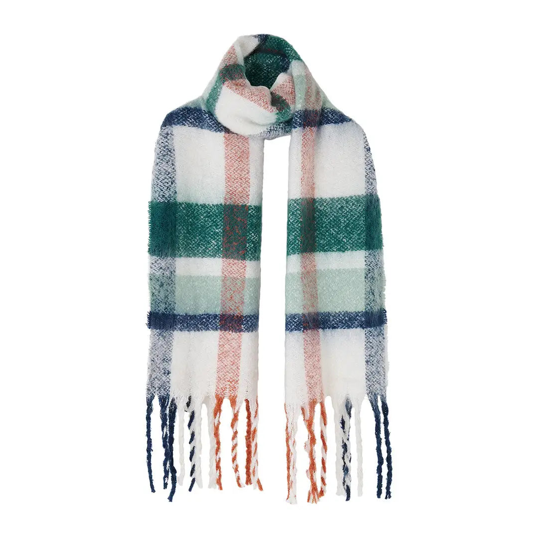 Lighthouse Scarf with white plaid, green, blue, orange accents, fringed ends for country clothing