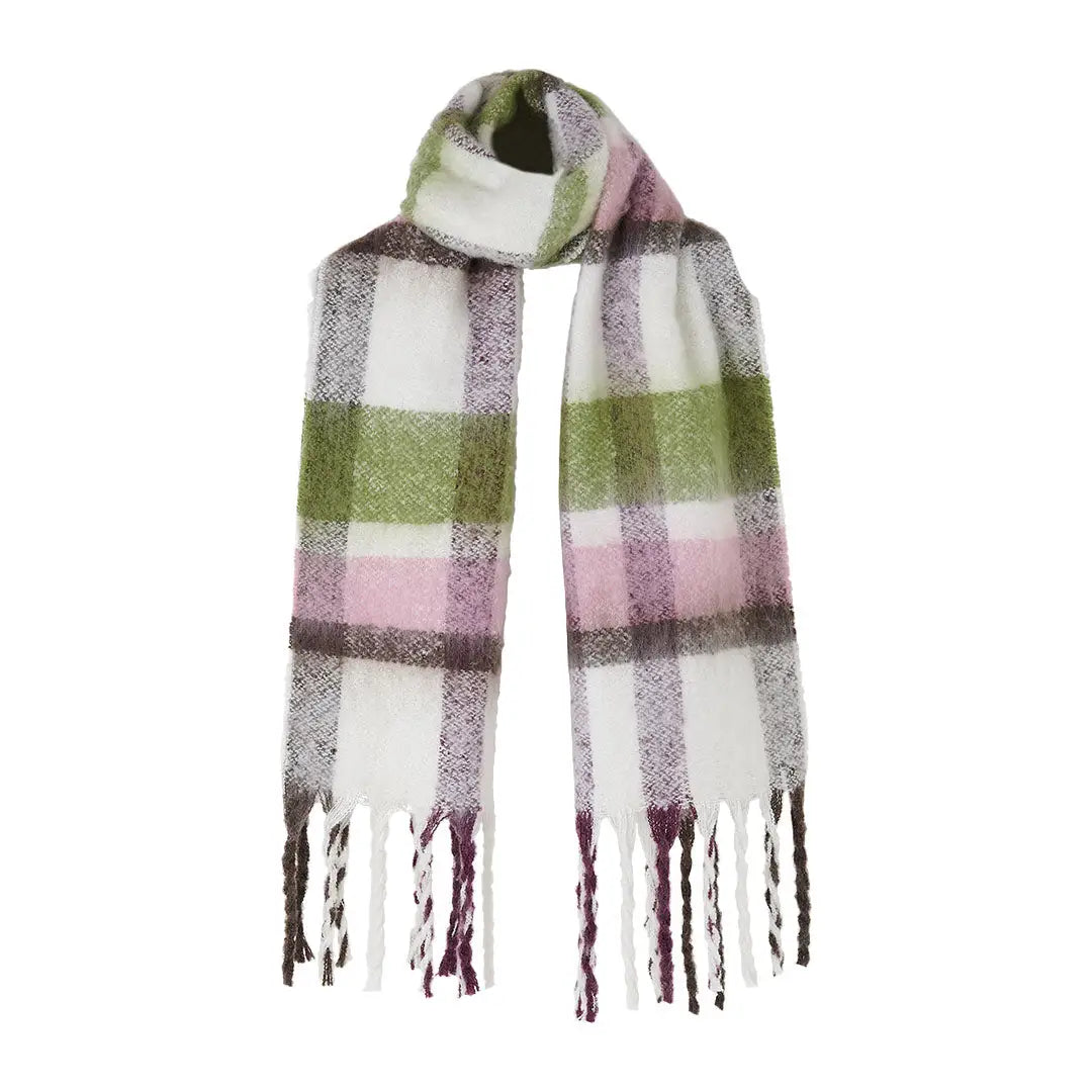White pink green plaid Lighthouse Scarf with fringe, perfect for country clothing or hunting