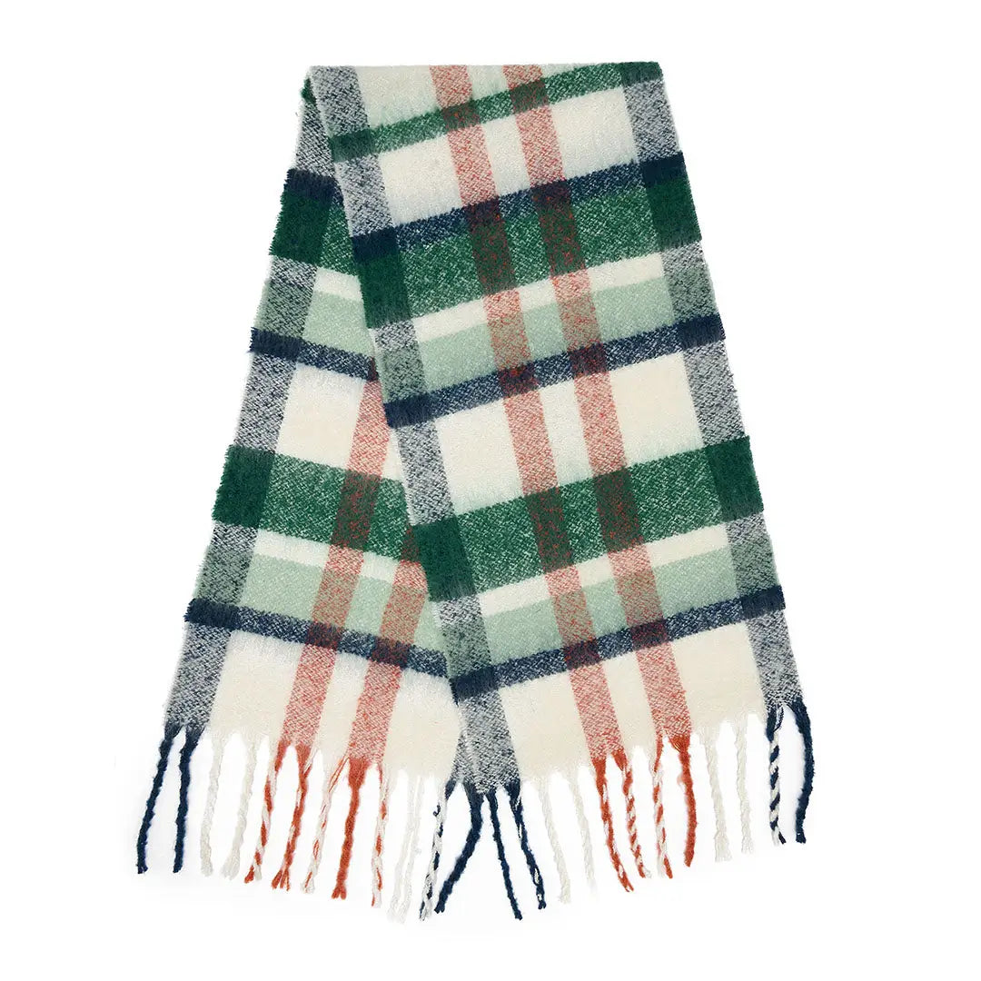 Lighthouse Scarf in cream, green, blue, and red plaid with fringed ends, perfect for country clothing and hunting trips