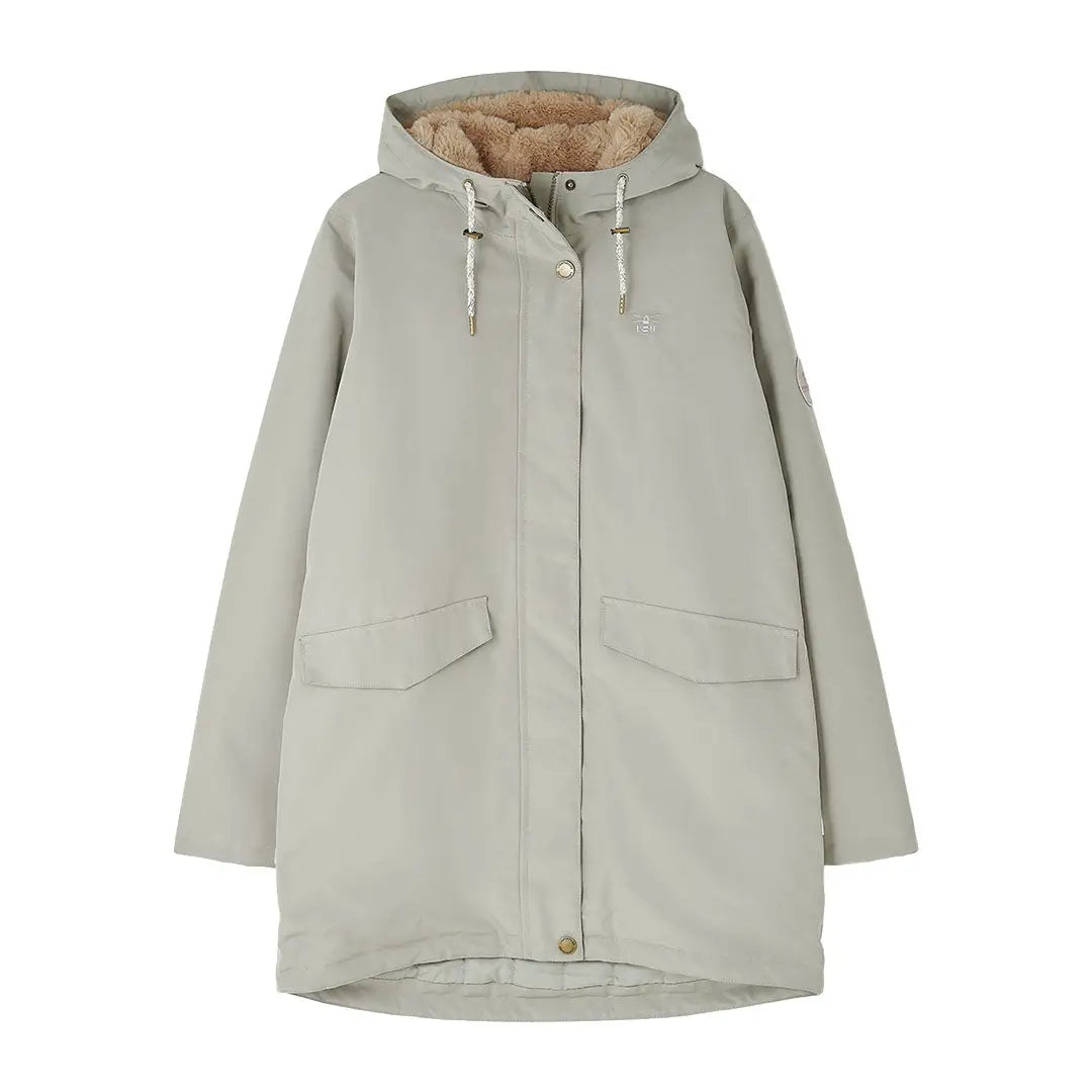 Light grey Lighthouse Scarlet Ladies Coat with tan faux-fur lining, perfect for outdoors