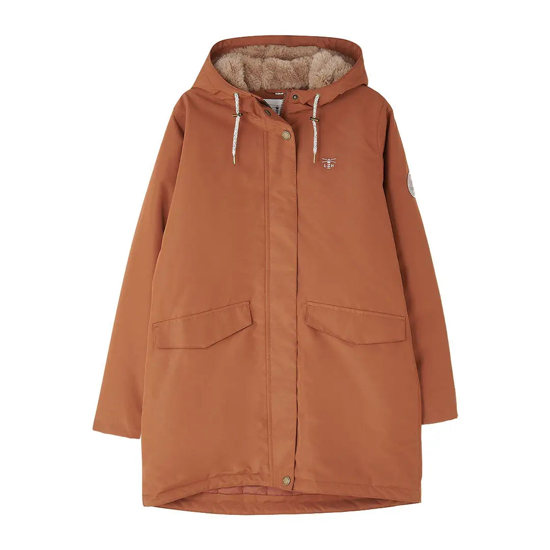 Rust-colored Lighthouse Scarlet Ladies Coat with fur-lined hood, perfect for outdoors and country clothing hunts