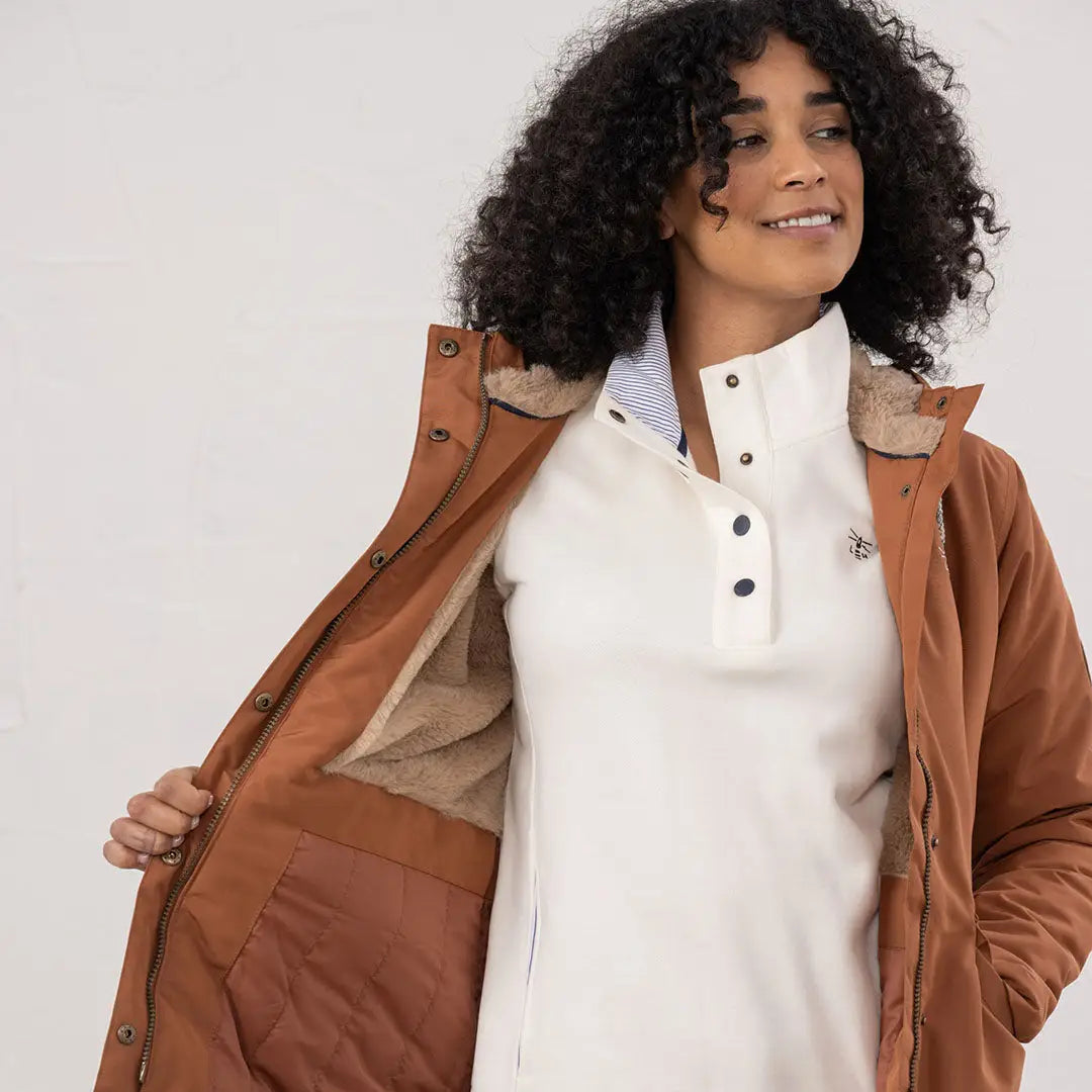 Lighthouse Scarlet Ladies Coat in rust with sherpa lining, perfect for country outdoor hunting clothing