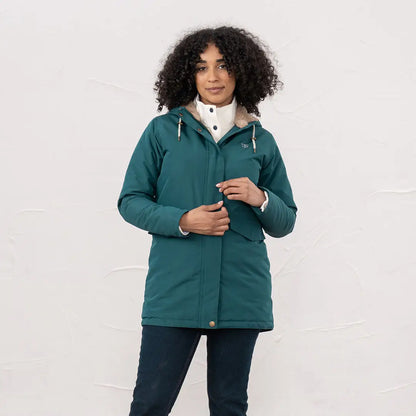 Woman in green Lighthouse Scarlet Ladies Coat with sherpa lining, perfect for outdoors and country clothing