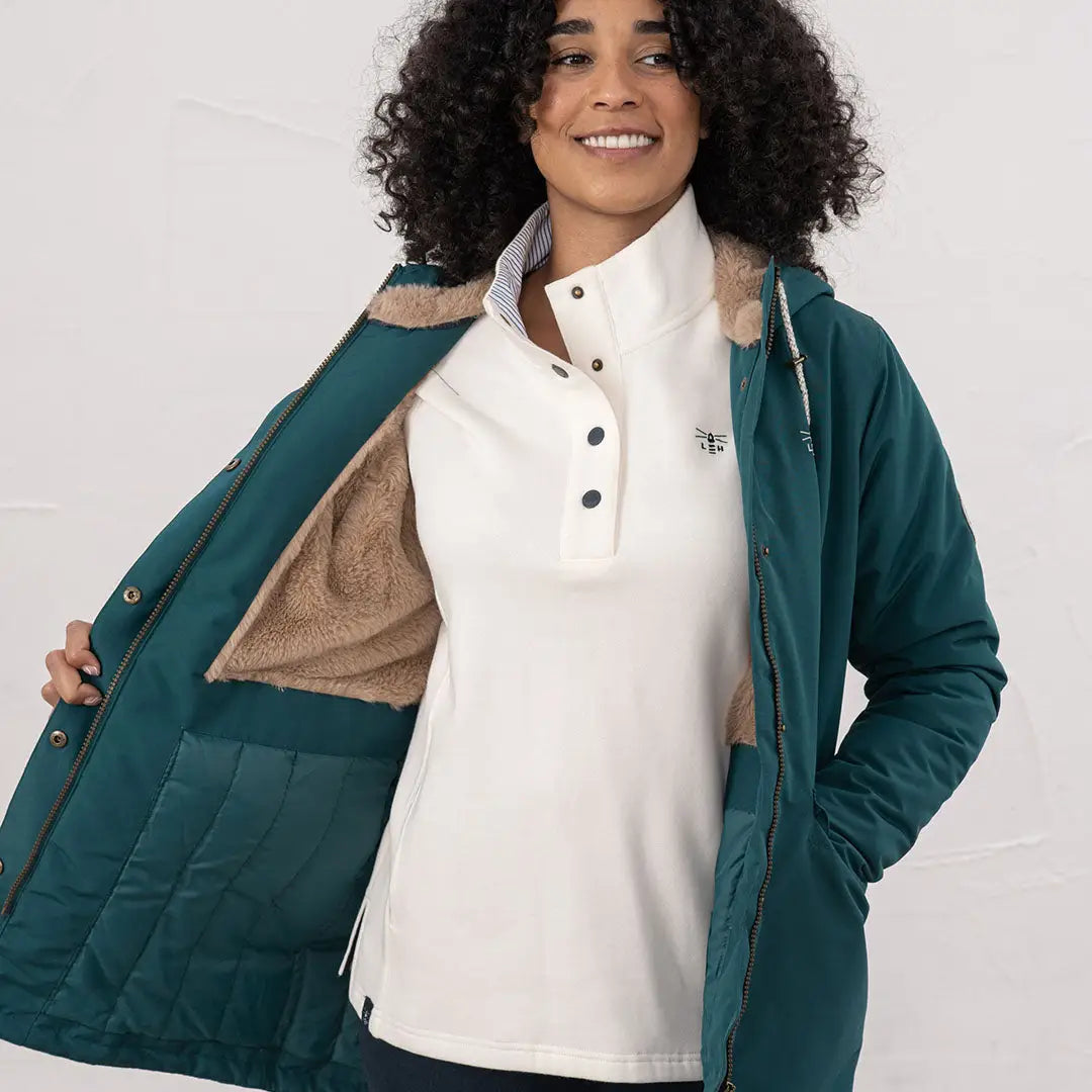 Lighthouse Scarlet Ladies Coat with green quilted country clothing style and faux fur lining for outdoors hunting