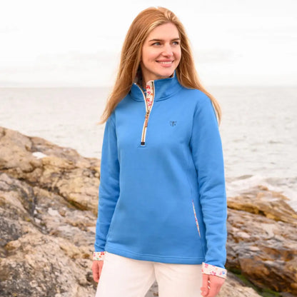 Blue quarter-zip fleece pullover with floral trim from Lighthouse Shore Ladies Sweatshirt