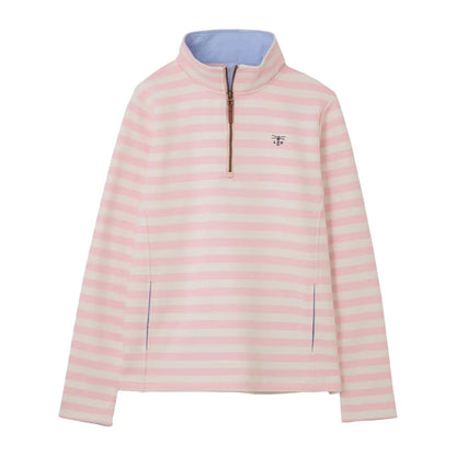 Pink and white striped quarter-zip Lighthouse Shore cotton jersey sweatshirt with blue collar