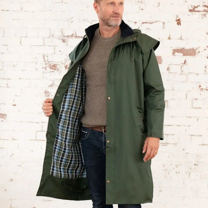 Green Lighthouse Stockman rain coat with plaid lining perfect for wet weather