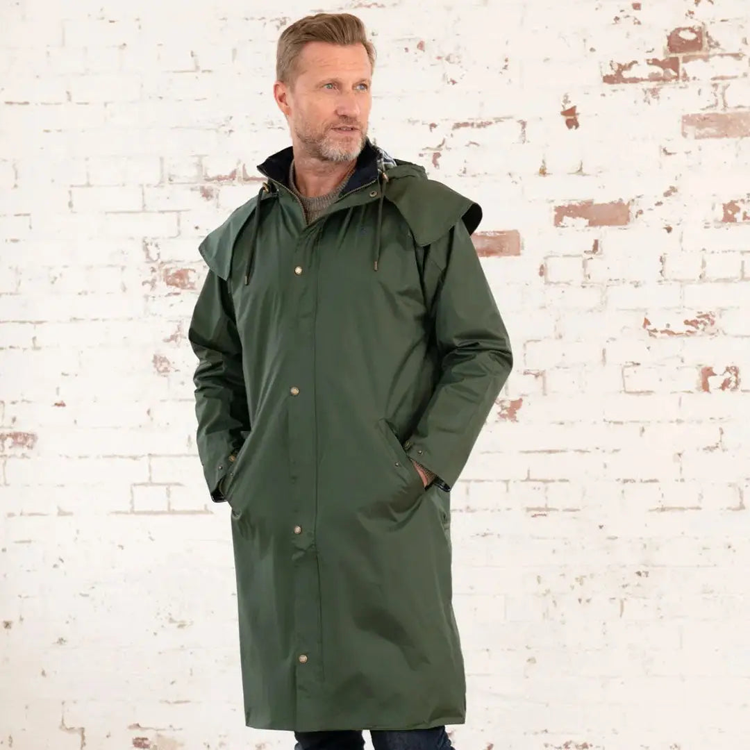 Green hooded Lighthouse Stockman full length rain coat perfect for wet weather adventures