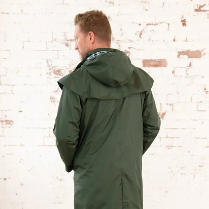 Green hooded rain coat from Lighthouse Stockman, perfect full length waterproof style