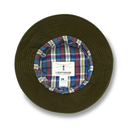 Olive green bucket hat with plaid lining for the Lighthouse Storm Waterproof Ladies Hat