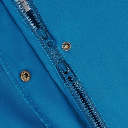 Close-up of blue zipper and snaps on Lighthouse Tess Ladies Coat for outdoor country clothing