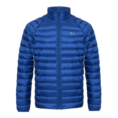 Blue puffy down jacket with zipper for outdoor adventures in country clothing