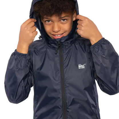 Navy blue Mac in a Sac Origin Kids Jacket with zipper and fully taped seams