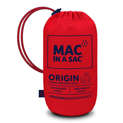 Red drawstring bag featuring MAC IN A SAC branding for the Sac Origin waterproof jacket