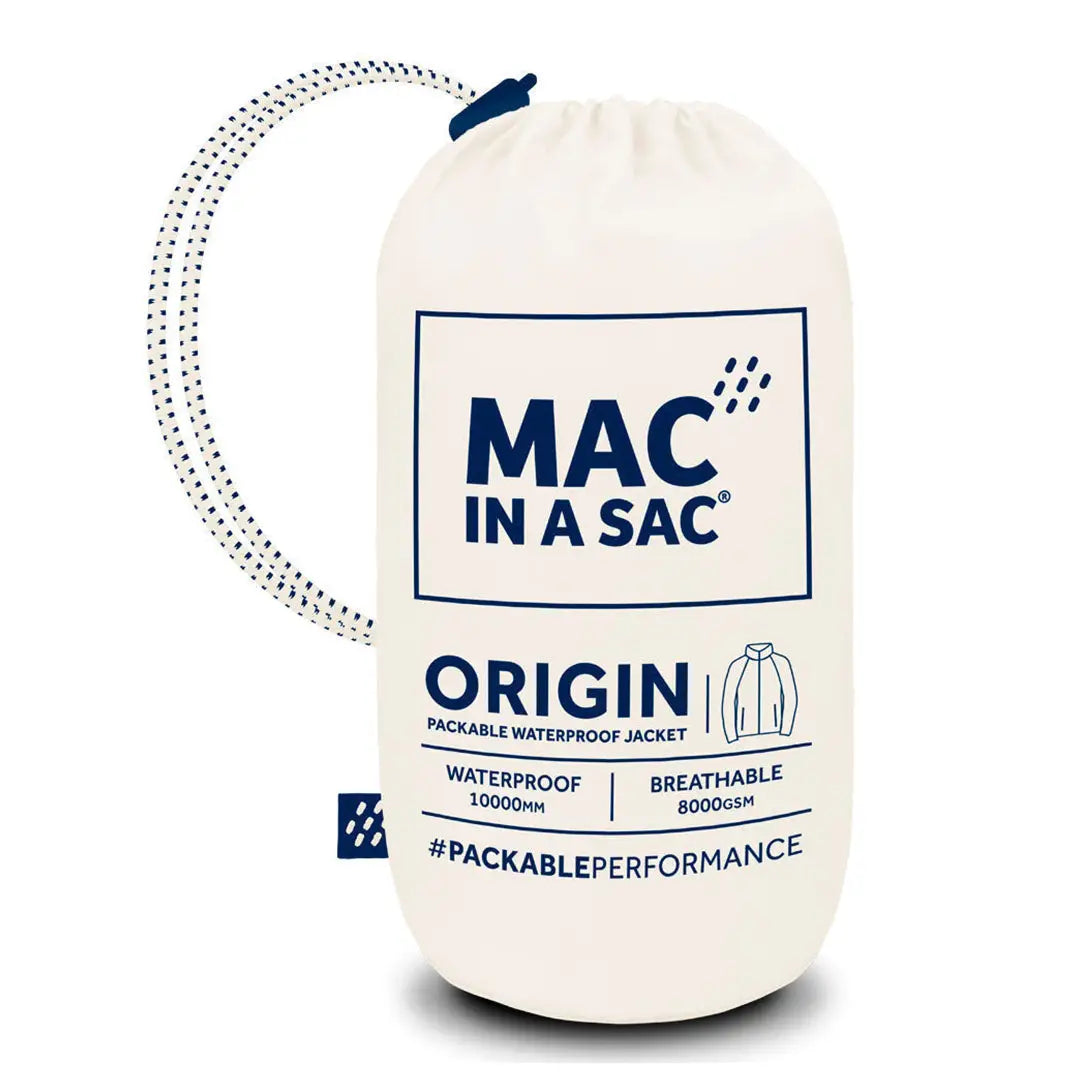 White cylindrical container for Mac in a Sac Origin waterproof jacket with details