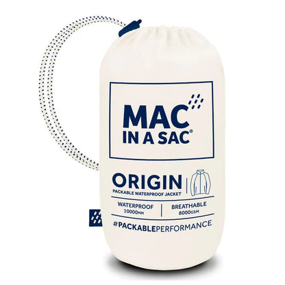 White cylindrical container for Mac in a Sac Origin waterproof jacket with details