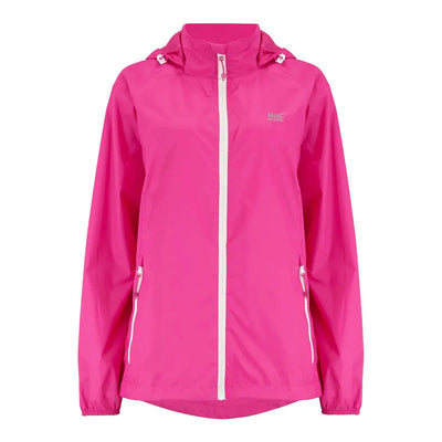 Bright pink Mac in a Sac Origin adult jacket with white zipper, perfect for country clothing