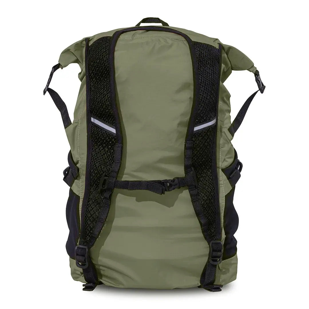 Olive green Mac in a Sac Travelite Backpack with black straps for stylish adventures