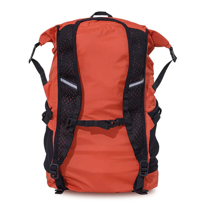 Orange and black Mac in a Sac Travelite Backpack ready for your next adventure