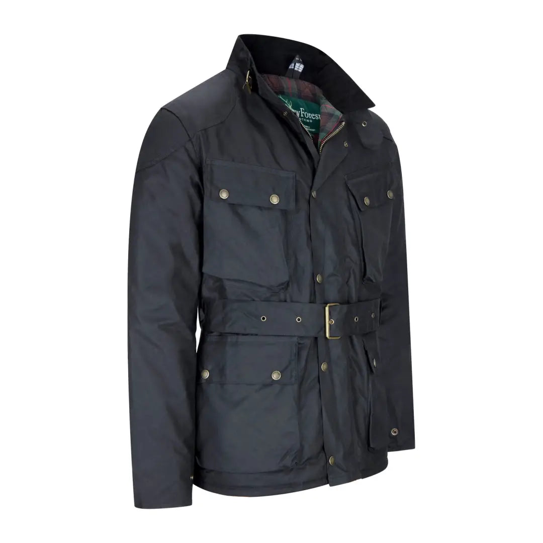 Black waxed cotton Mens Biker Wax Jacket with pockets and a belt for stylish forest clothing