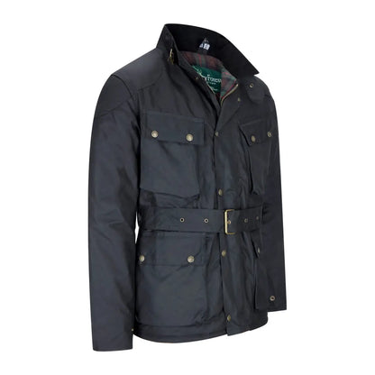 Black waxed cotton Mens Biker Wax Jacket with pockets and a belt for stylish forest clothing