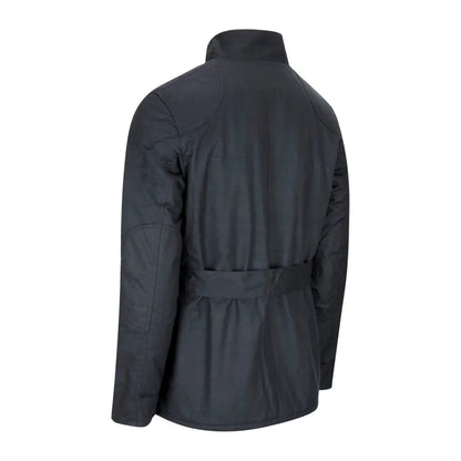 Black belted jacket with high collar, perfect for stylish mens biker wax adventures