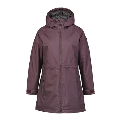 Plum-colored hooded Musto Corsica Long Primaloft Jacket with zipper and pockets