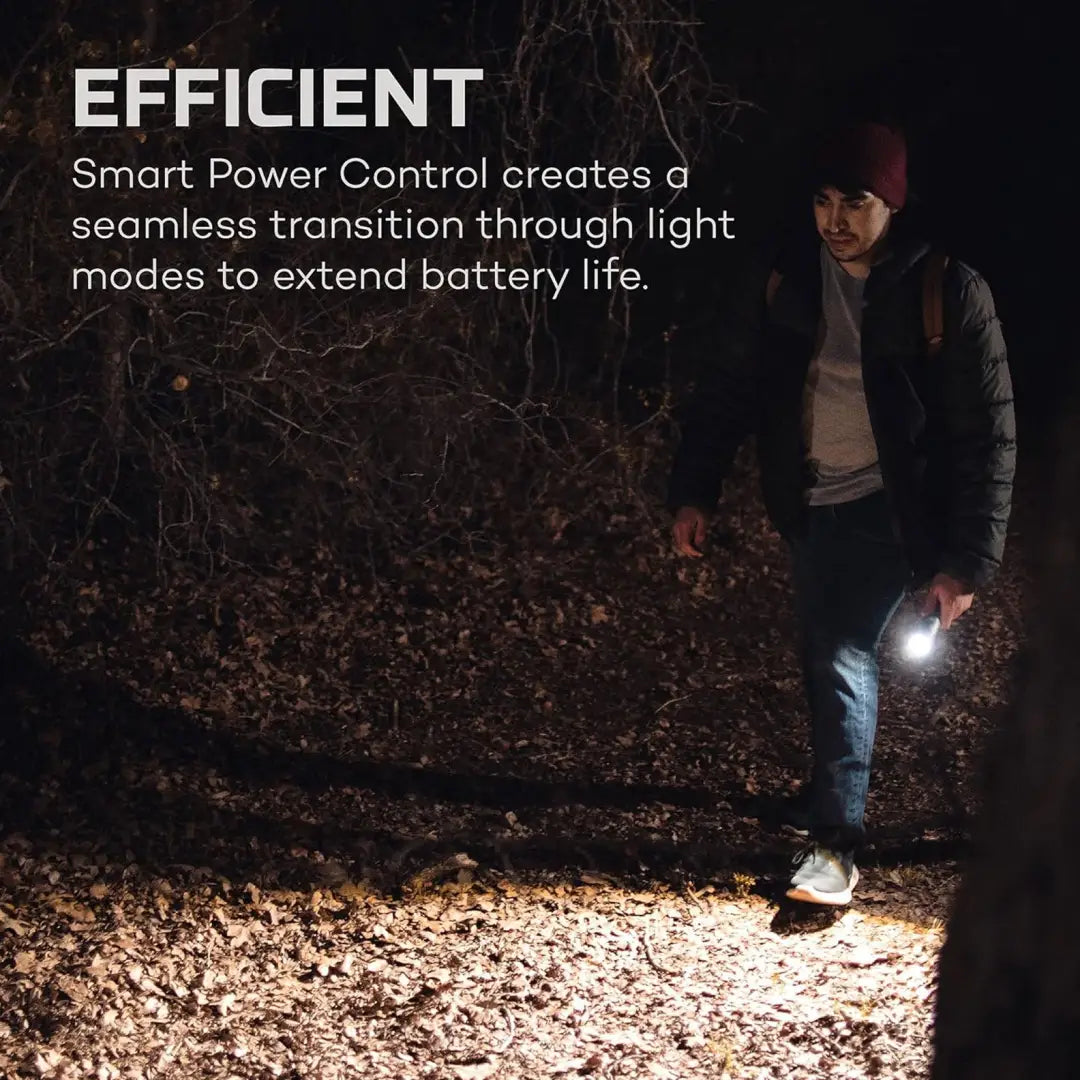 Handheld NEBO Davinci 2000 flashlight lighting the way with bright lumens and power bank