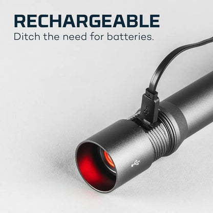Rechargeable NEBO Davinci 2000 flashlight with red lens and charging cable, powerful handheld flashlight