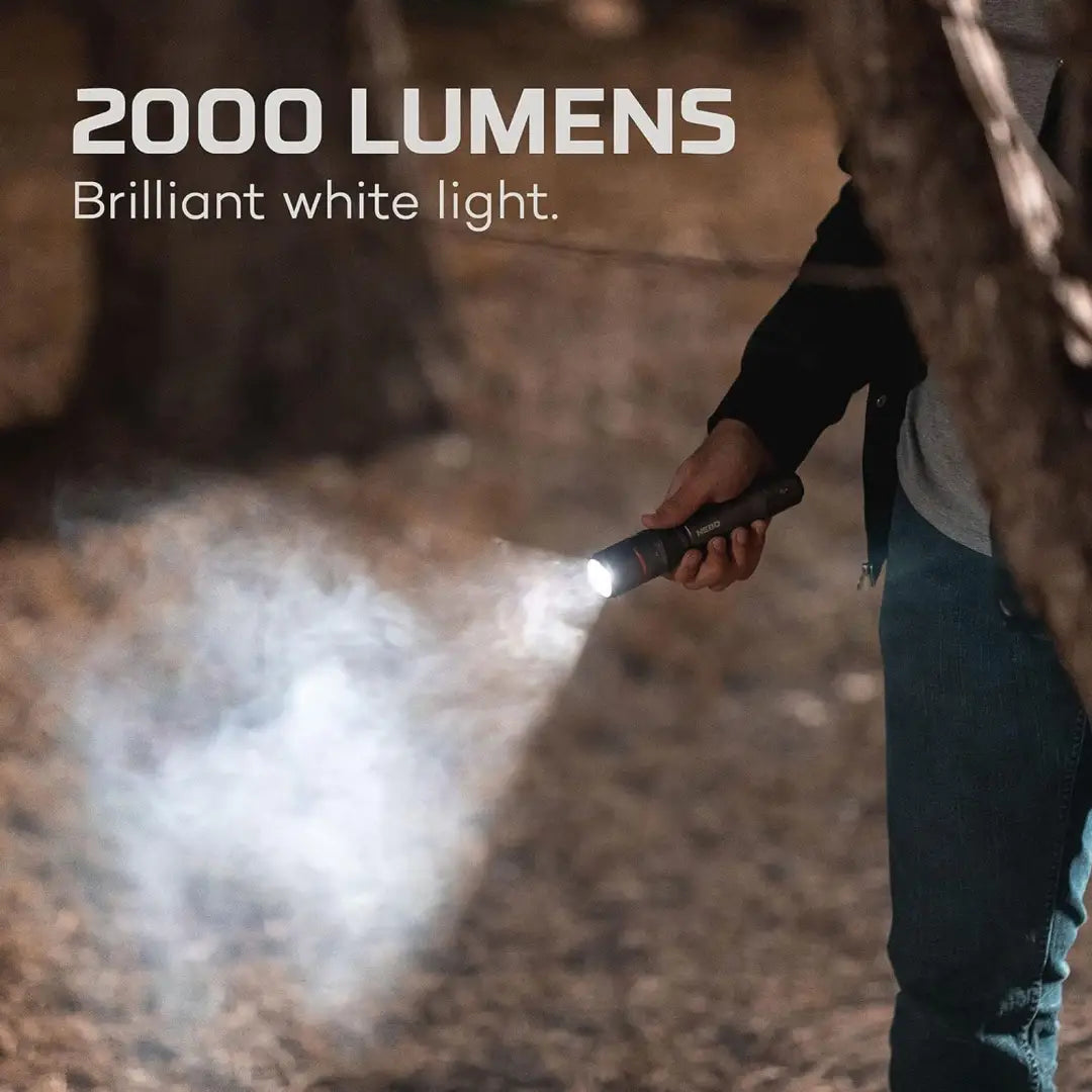 Powerful NEBO Davinci 2000 handheld flashlight with a 2000-lumen beam and included power bank